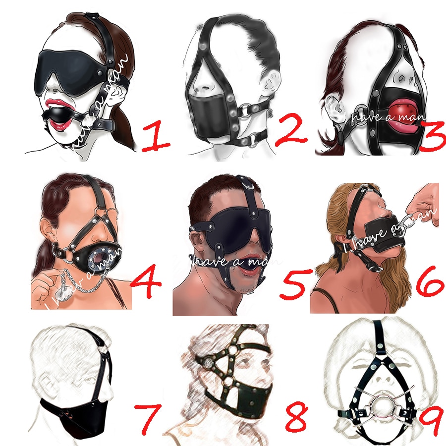 Кожаная головка маска для лица с изображением рта кляп, БДСМ бондаж силиконовый кляп мяч, ремешок для повязки на глаза, секс-игрушки для пар