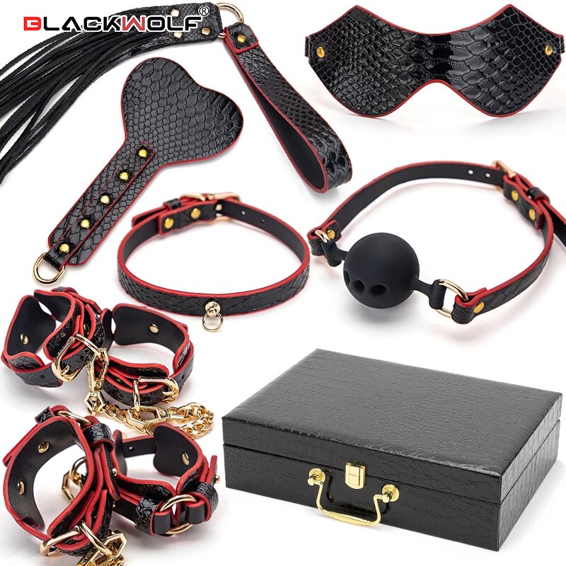 Набор для искусственная кожа BDSM BLACKWOLF, эротический набор для связывания, наручники, воротник, кляп, кнут, взрослые интимные игрушки для женщин для пар