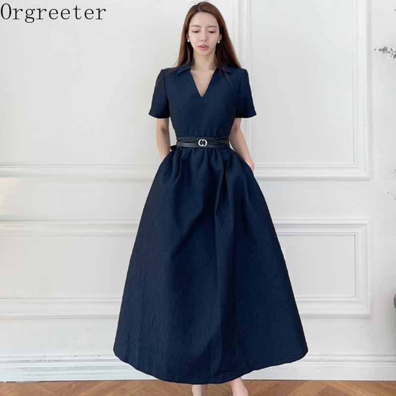 Платье женское длинное с V-образным вырезом, повседневное простое классическое винтажное свободное, с поясом, с коротким рукавом, темно-синий цвет, лето 2021